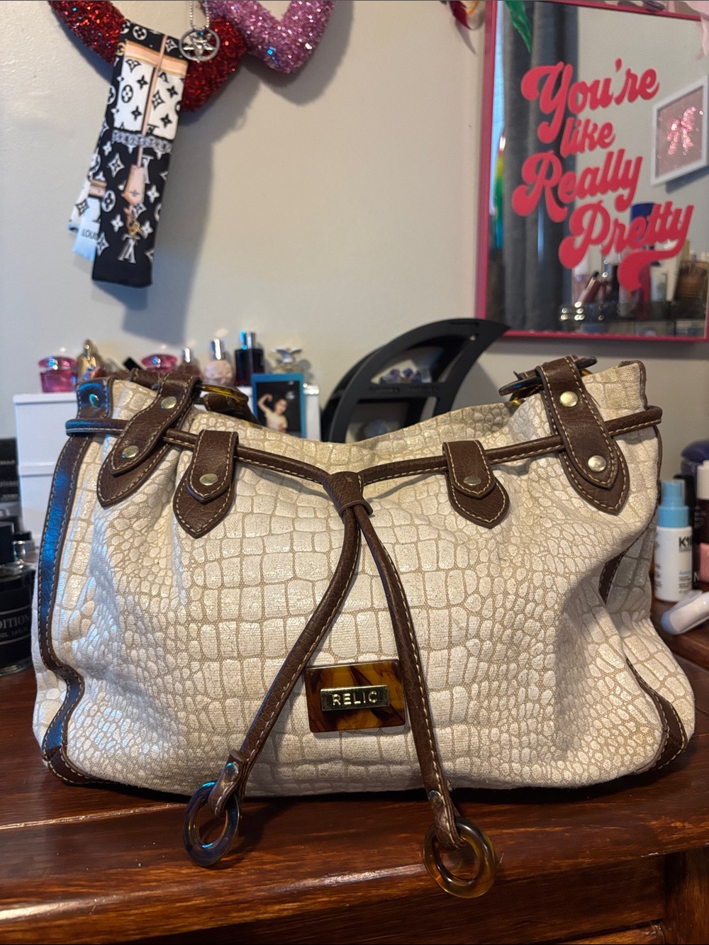 Relic Cream Croc-Texture Shoulder Bag with Brown Trim Accents